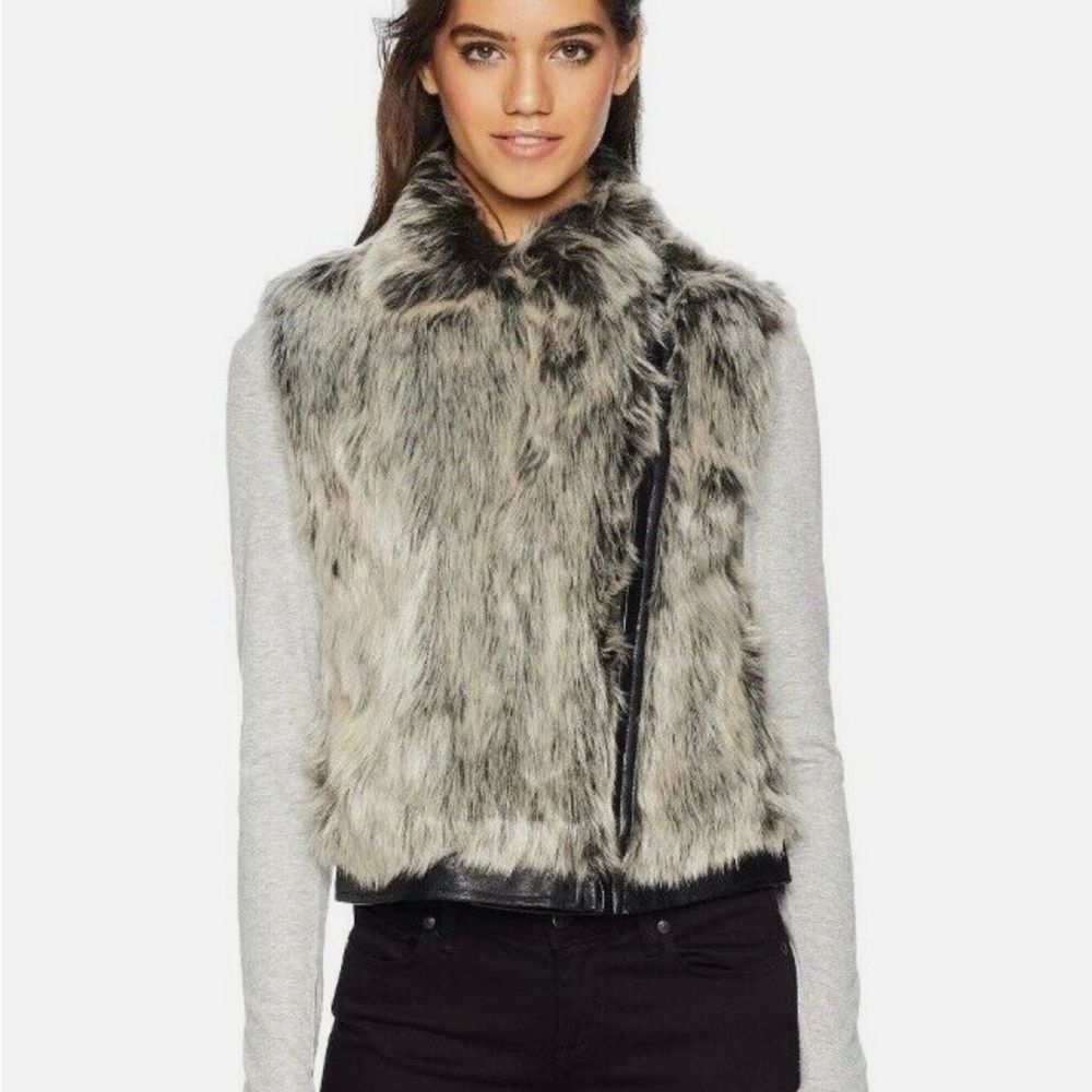 Cupcakes & Cashmere Faux Fur Vest w/ Vegan Leather Trim - Gray and Black, Small - Picture 5 of 14